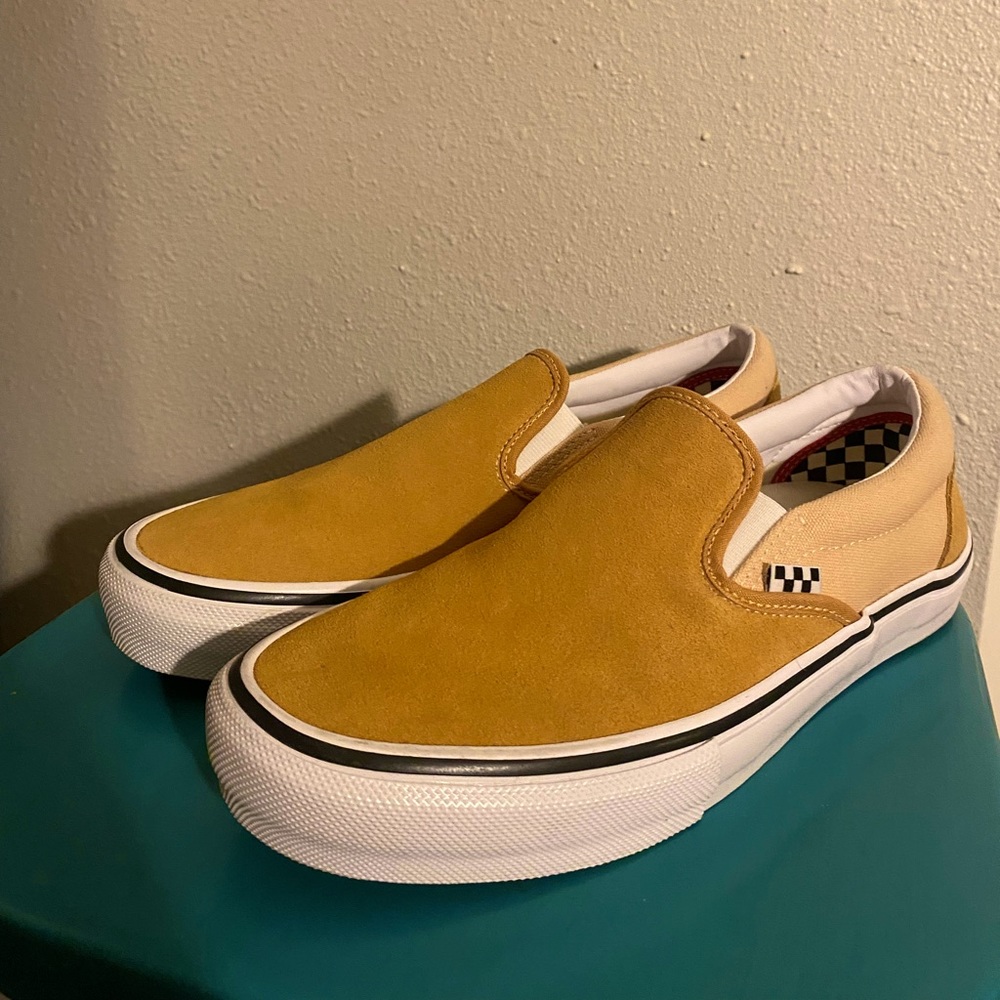 Vans suede & canvas slip-on skate shoes in honey peach/yellow orange, size M 10